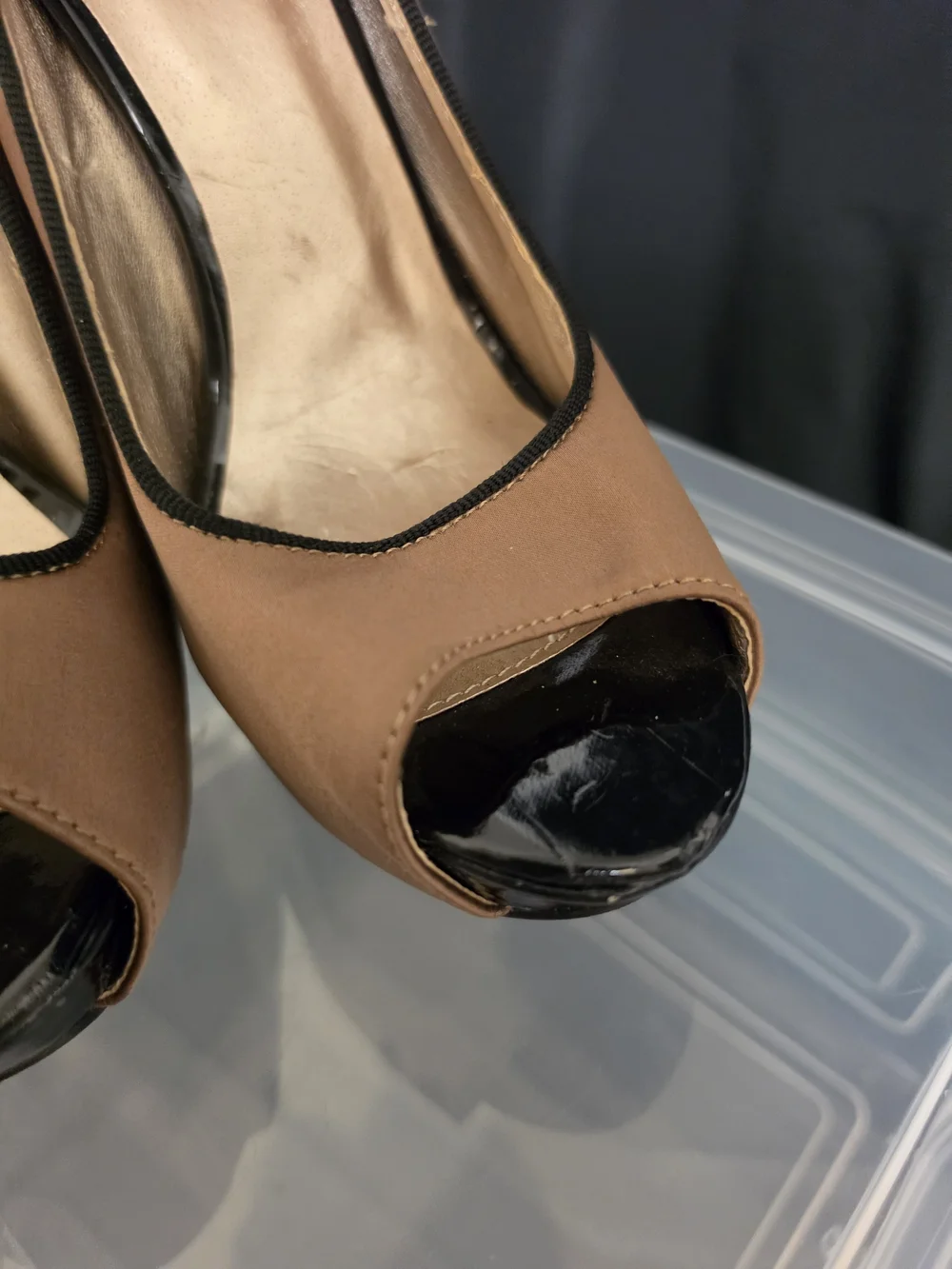 Qupid Blush Peep-Toe Stiletto Heels with Black Trim and Bow Accent